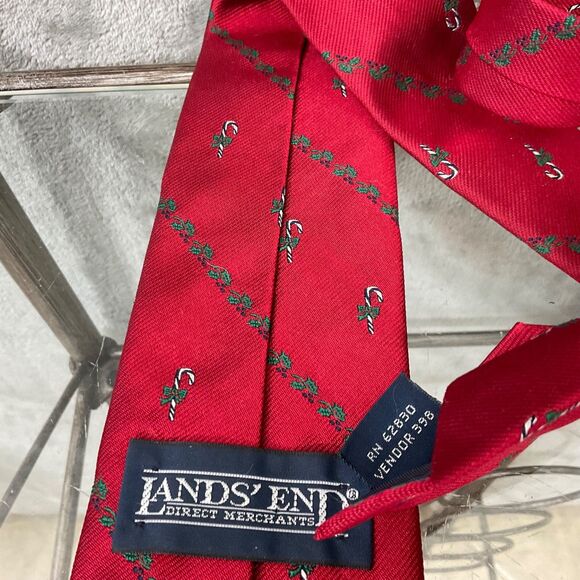 Vtg.  Lands End Silk Repp Tie Direct Merchants Candy Canes Red Hand Sewn USA 56” - Picture 5 of 9